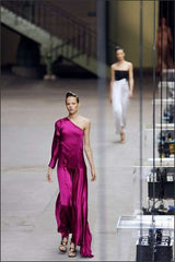 Chic Spring 2008 Yves Saint Laurent by Stefano Pilati Runway Look 35 Deep Fuchsia Pink Silk One Shoulder Dress