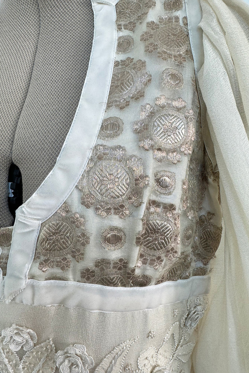 Rare 1969-75 Thea Porter Couture Embroidered Silk Organza & Gold Metallic Dress w Balloon Sleeves