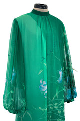 Stunning 1970s Hanae Mori Green Extensive Floral Print Green Silk Chiffon Dress w Balloon Sleeves & Belt