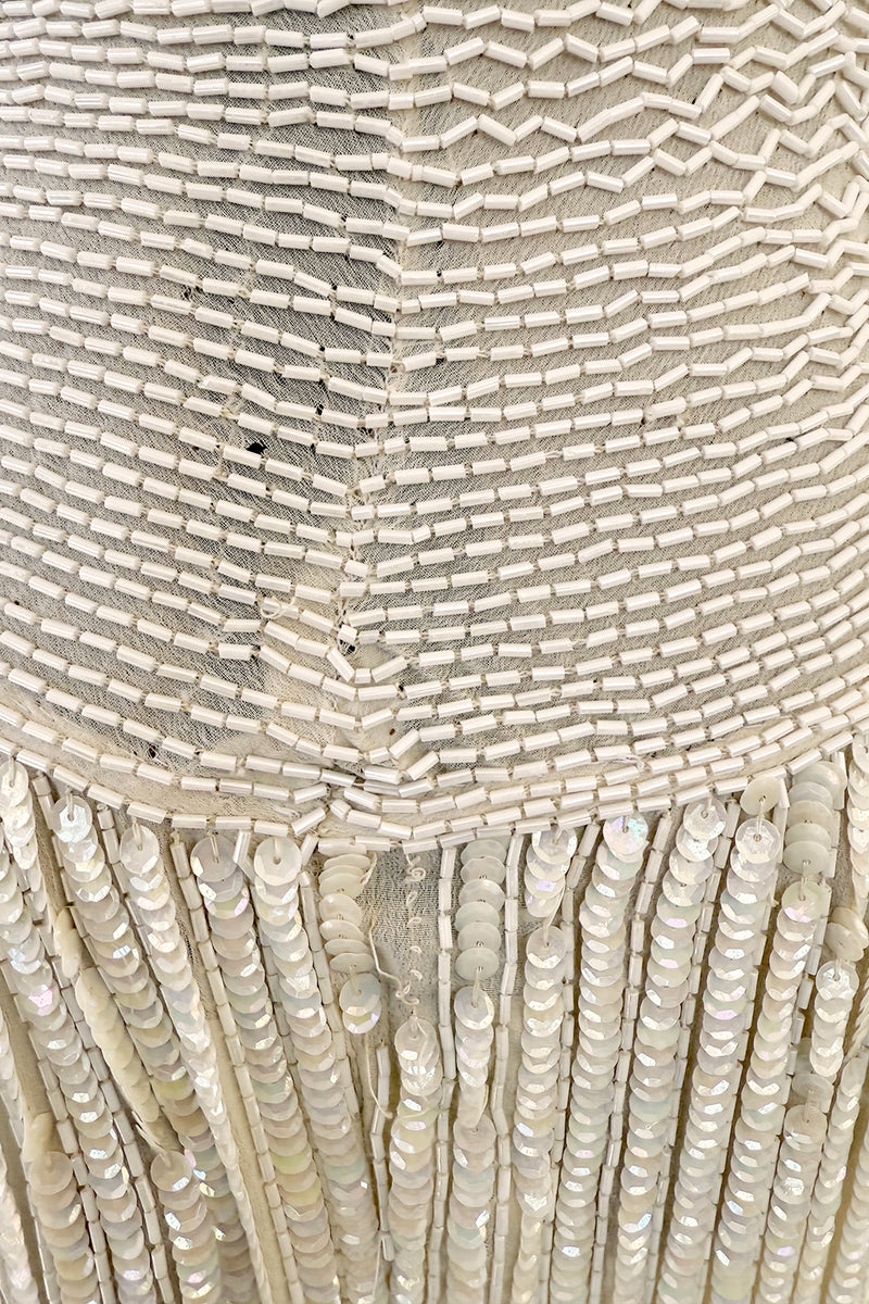 Prettiest 1970s Lillie Rubin Ivory Fully Sequinned & Applied Tube Beads on Silk Chiffon Dress