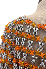 Ultra Rare 1990s Paco Rabanne Haute Couture Metallic Silver & Coral Dress w Chainlink Top & Headpiece