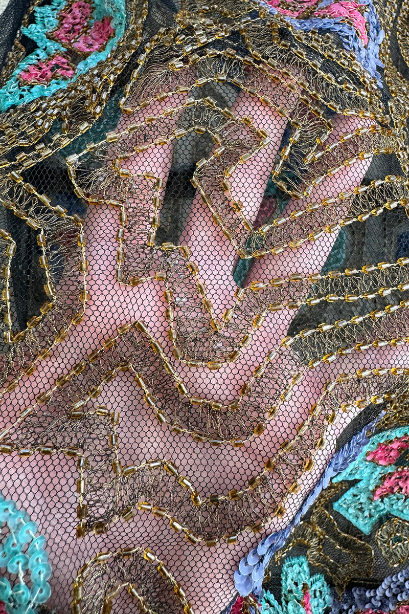 Intricate 1920s Unlabeled Gold Metallic Lame Thread & Sequin on Black Silk Net Flapper Dress