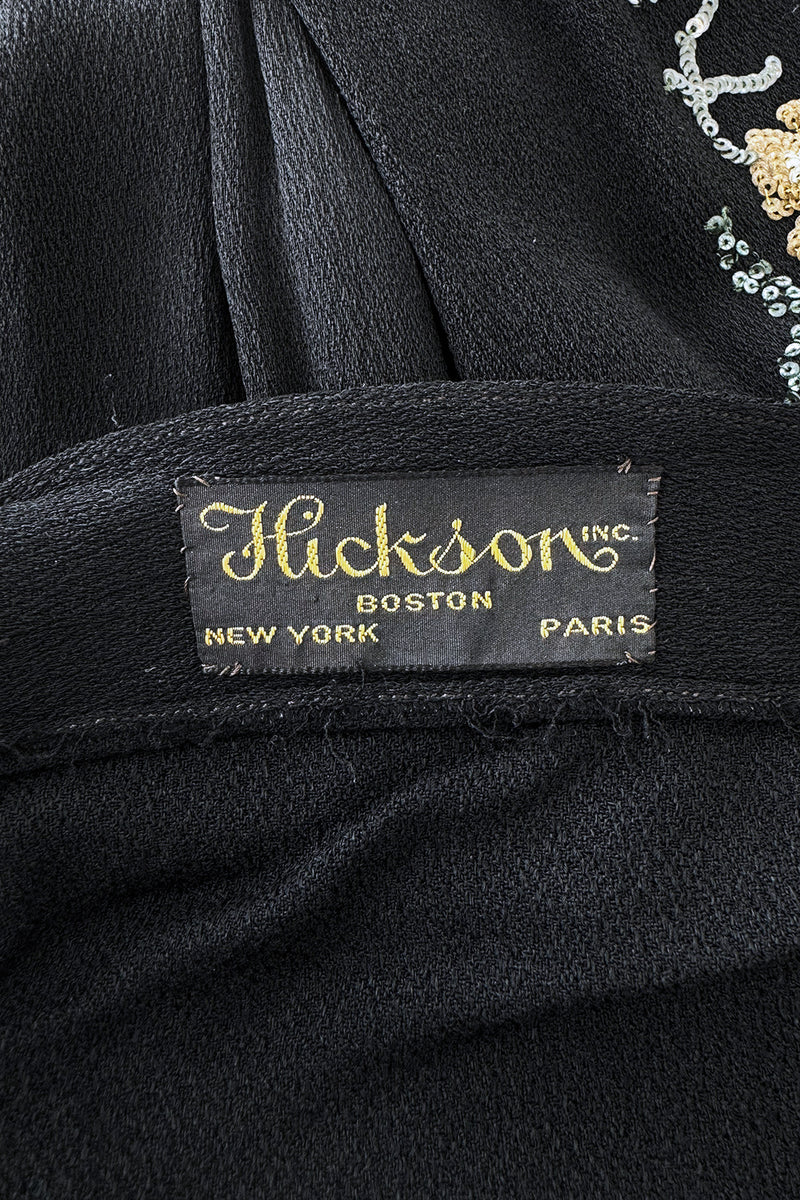 Prettiest 1920s Hickson Inc. Black Moss Crepe Dress w Tie Neck & Hand Sequinned Sleeves