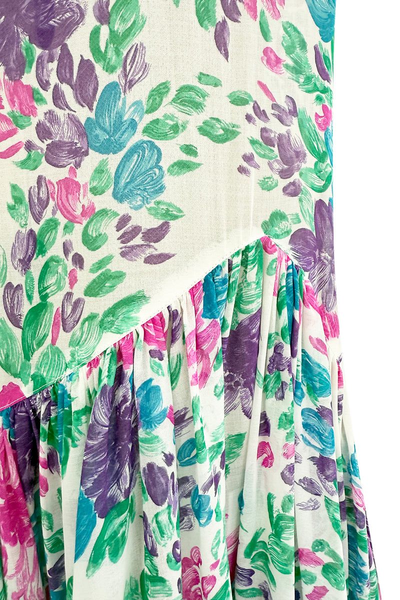 Prettiest Spring 1980 Yves Saint Laurent Floral Cotton Gauze Wide Shoulder Dress w Matching Tie Belt