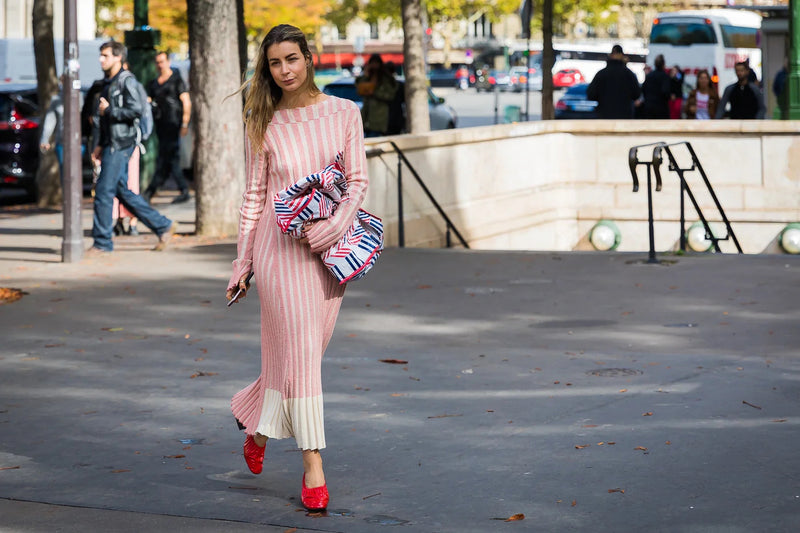 Iconic Spring 2017 Celine by  Pheobe Philo Pale Red-Pink & Ivory Knit Sweater Dress w Exaggerated Ribbing