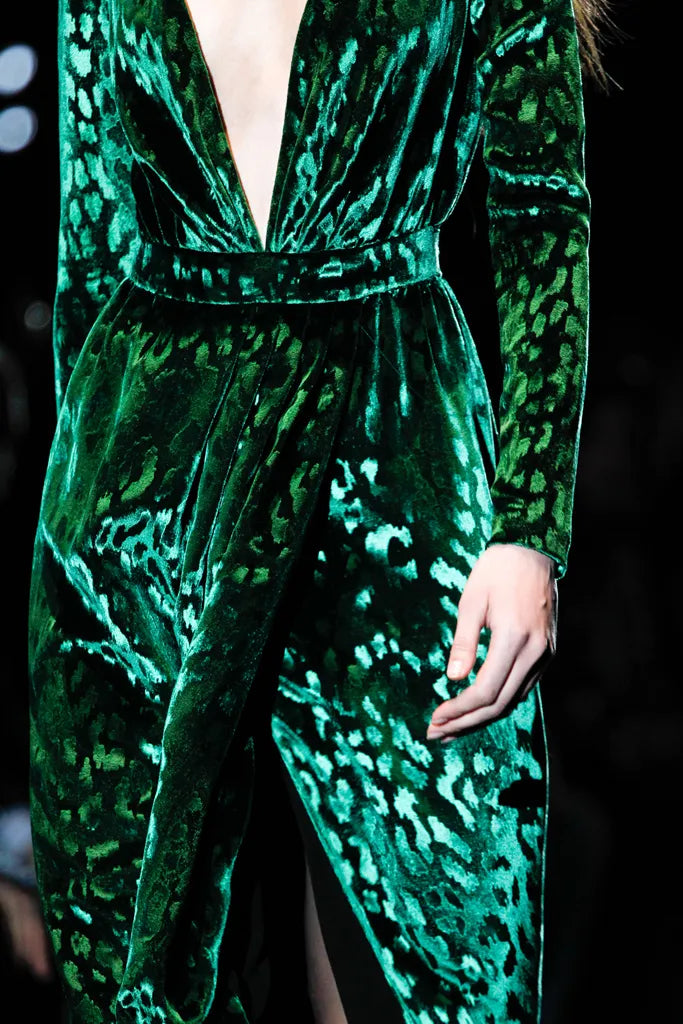 Beautiful Fall 2012 Gucci by Frida Giannini Runway Look 35 Deep Green Velvet Dress w Leopard Pattern