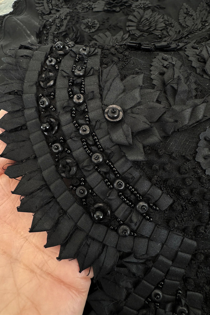 Spring 2008 Oscar De La Renta Black Embroidered Beaded Ribbon Work Floral Silk Organza Dress