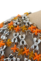 Ultra Rare 1990s Paco Rabanne Haute Couture Metallic Silver & Coral Dress w Chainlink Top & Headpiece