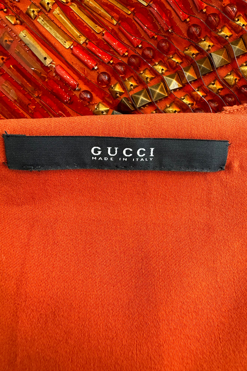 Iconic Spring 2011 Gucci by Frida Giannini Runway Look 41 Burnt Orange Silk Cord, Brass & Feather Dress