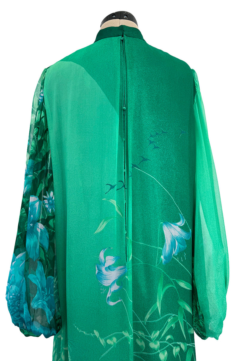 Stunning 1970s Hanae Mori Green Extensive Floral Print Green Silk Chiffon Dress w Balloon Sleeves & Belt