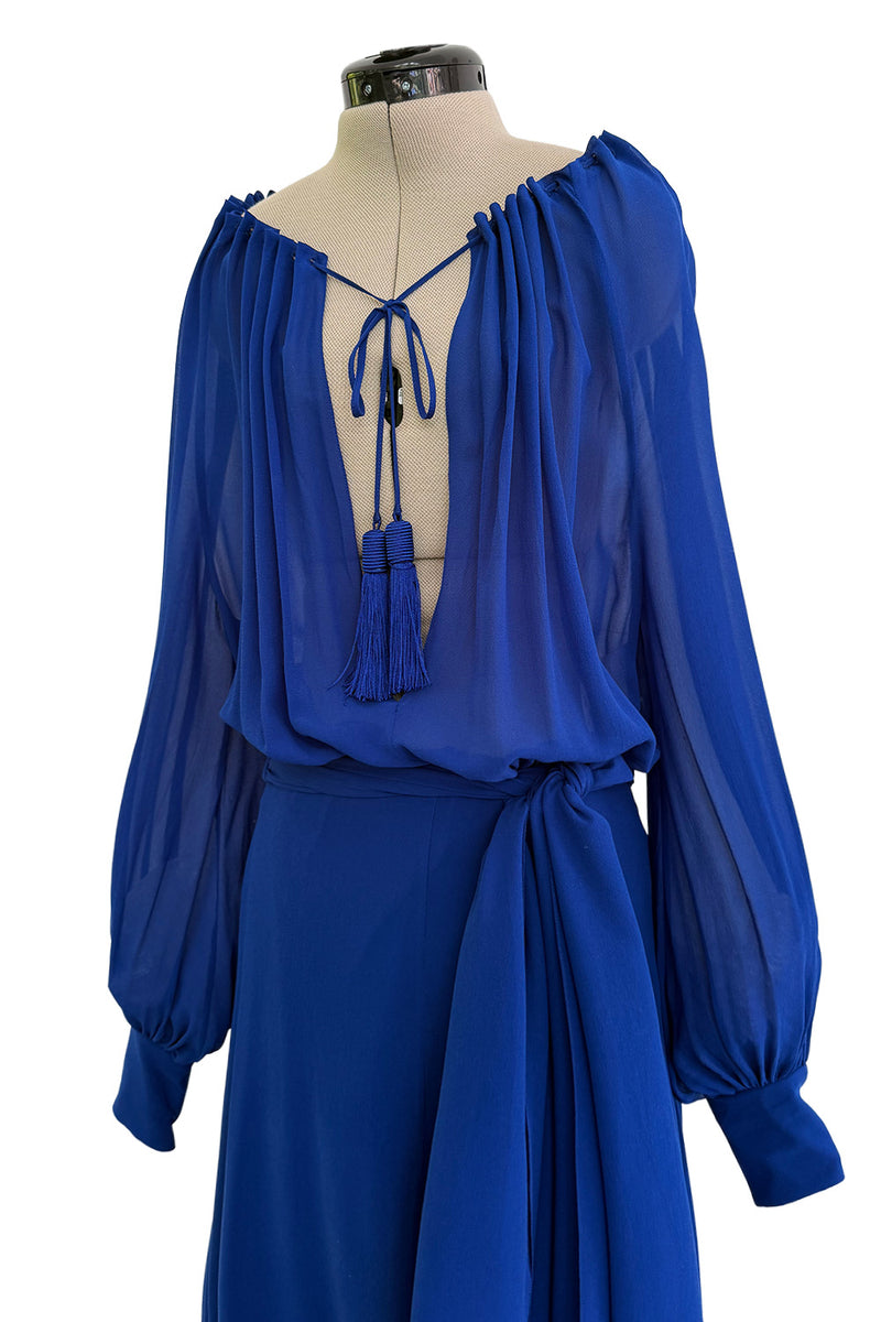 Superb Spring 2013 Yves Saint Laurent Hedi Slimane Debut Runway Blue Dress Silk Chiffon w Matching Cape & Sash