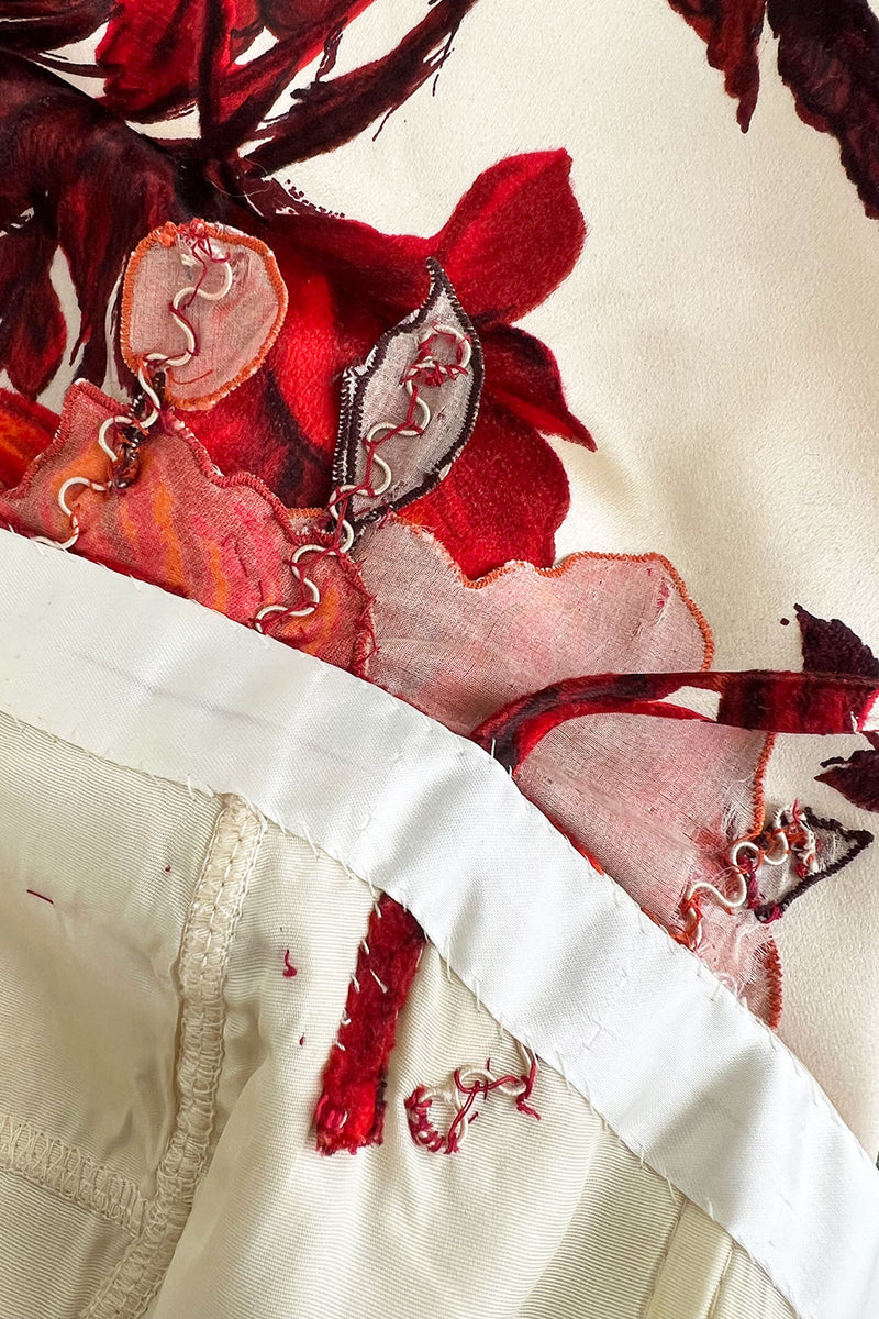 Rare & Beautiful 1950s Philip Hulitar Couture Dress w Fused Velvet Roses on a Rich Ivory Silk