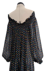 Spring 1978 Yves Saint Laurent Runway & Ad Campaign Off Shoulder Silk Chiffon Dot Dress