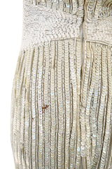 Prettiest 1970s Lillie Rubin Ivory Fully Sequinned & Applied Tube Beads on Silk Chiffon Dress