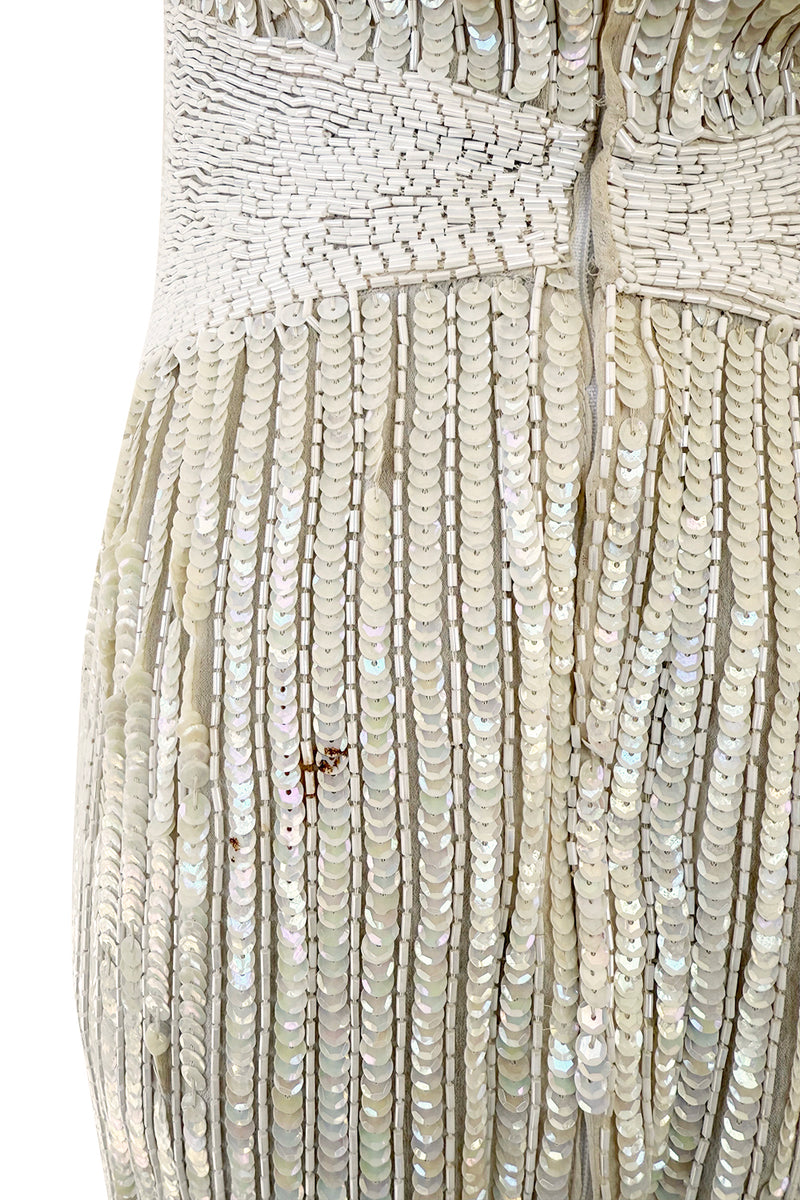 Prettiest 1970s Lillie Rubin Ivory Fully Sequinned & Applied Tube Beads on Silk Chiffon Dress