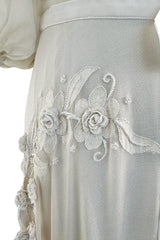 Rare 1969-75 Thea Porter Couture Embroidered Silk Organza & Gold Metallic Dress w Balloon Sleeves