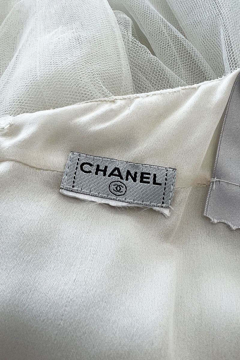 Stunning 2005 Chanel by Karl Lagerfeld White Sequin Detailed & Silk Tulle Dress w Ribbon Detail