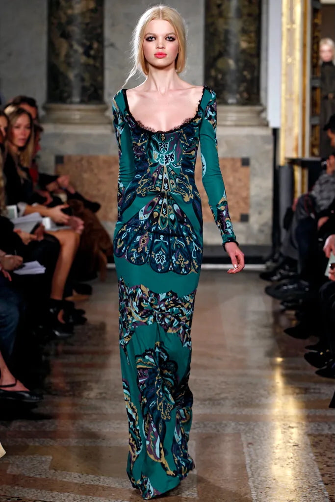 Fabulous Fall 2011 Emilio Pucci by Peter Dundas Runway Look 3 Green Print Corset Front Dress