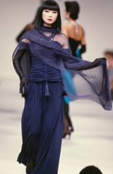 Fall 1985 Yves Saint Laurent Runway & Ad Campaign Blue Silk Jersey Tasselled Corset & Skirt Set