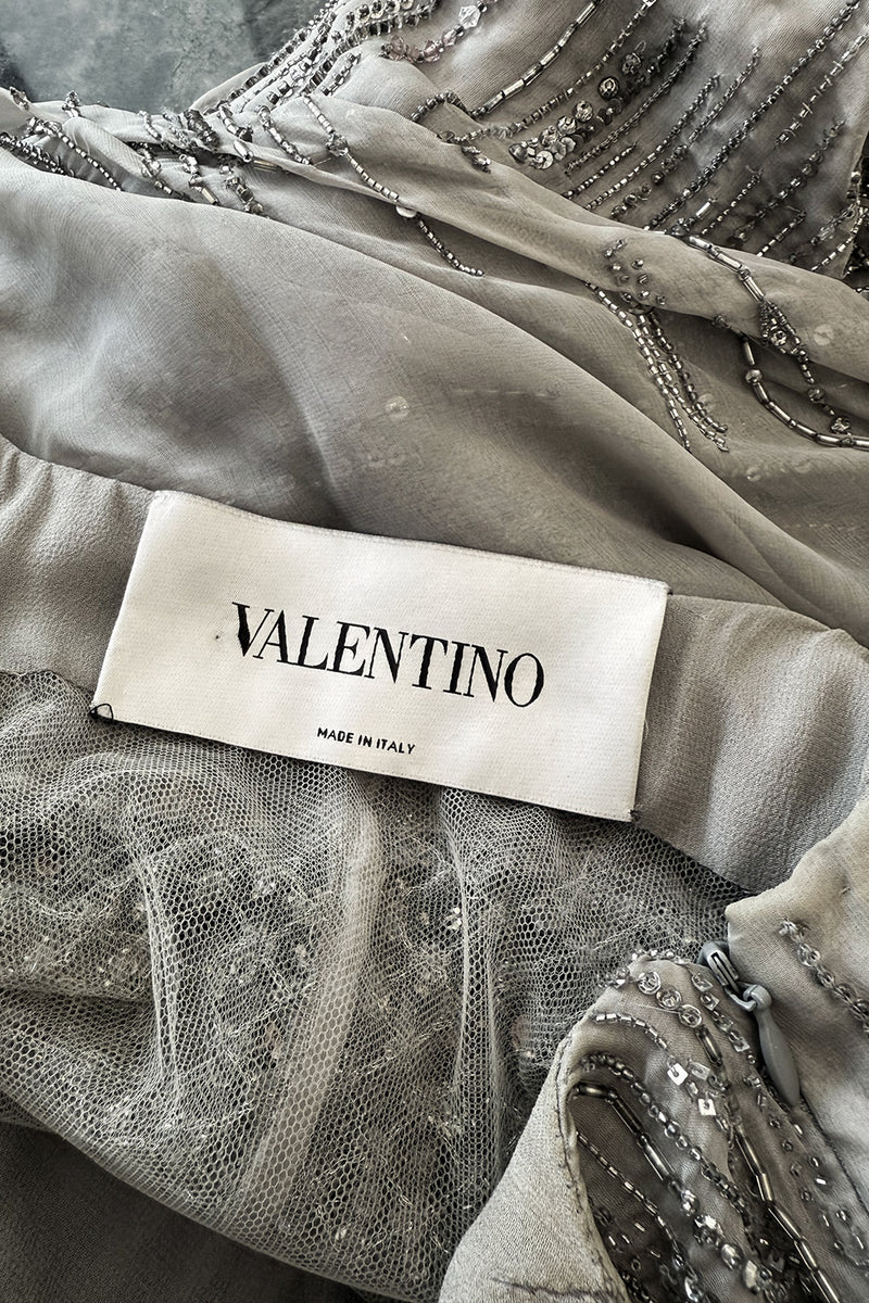 2010s Valentino by Pierpaolo Piccioli & Maria Grazia Chiuri Sequin & Rhinestone Embellished Deep Silver Silk Dress