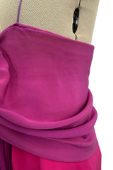 Spring 1985 Yves Saint Laurent Haute Couture Pink Silk Dress w Purple Bodice & Long Front Panel Detail