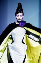 Fall 1995 Thierry Mugler Couture Runway Sculpted Body Shape Black Silk w Ivory Inset Dress