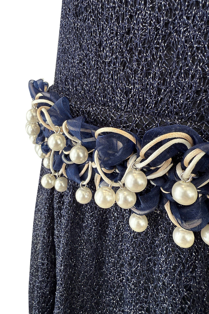 Phenomenal Fall 2010 Chanel by Karl Lagerfeld Deep Blue & Silver Metallic Knit Dress w Glass Pearl Detailing