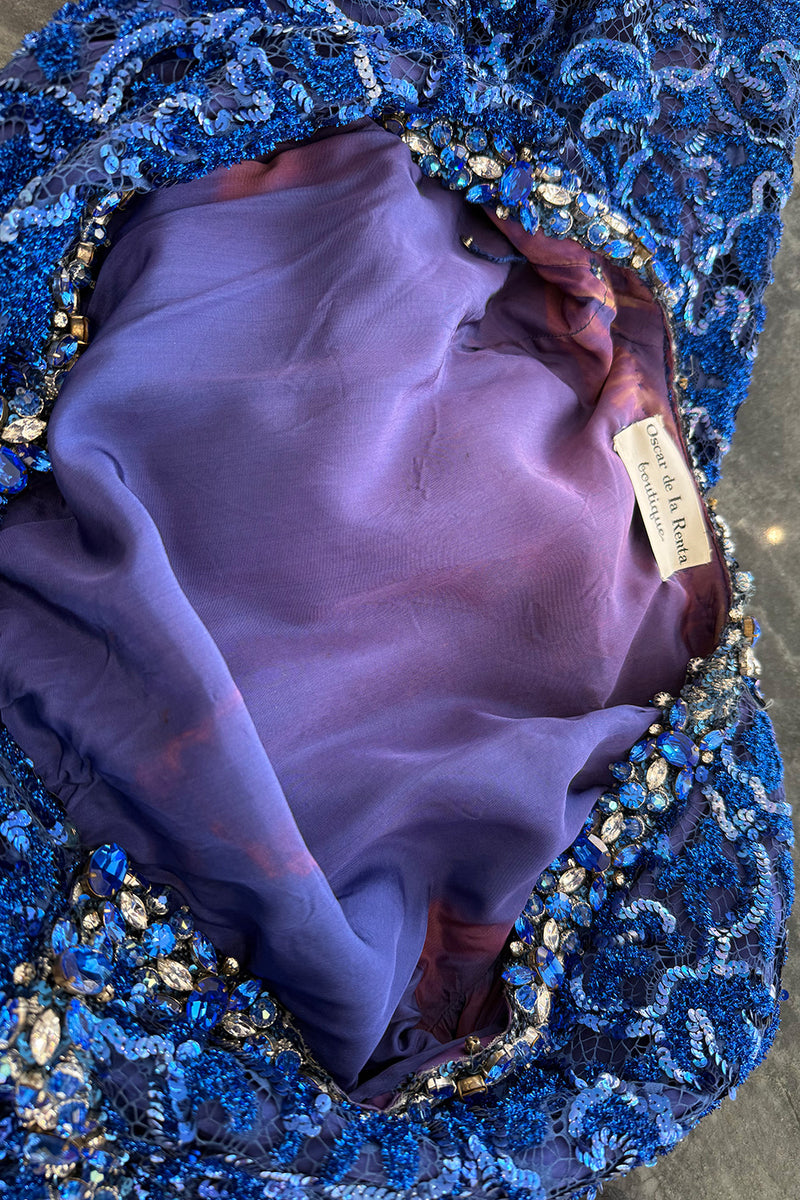 Documented 1970 Oscar de la Renta Brilliant Blue Sequin & Rhinestone Plunge Dress