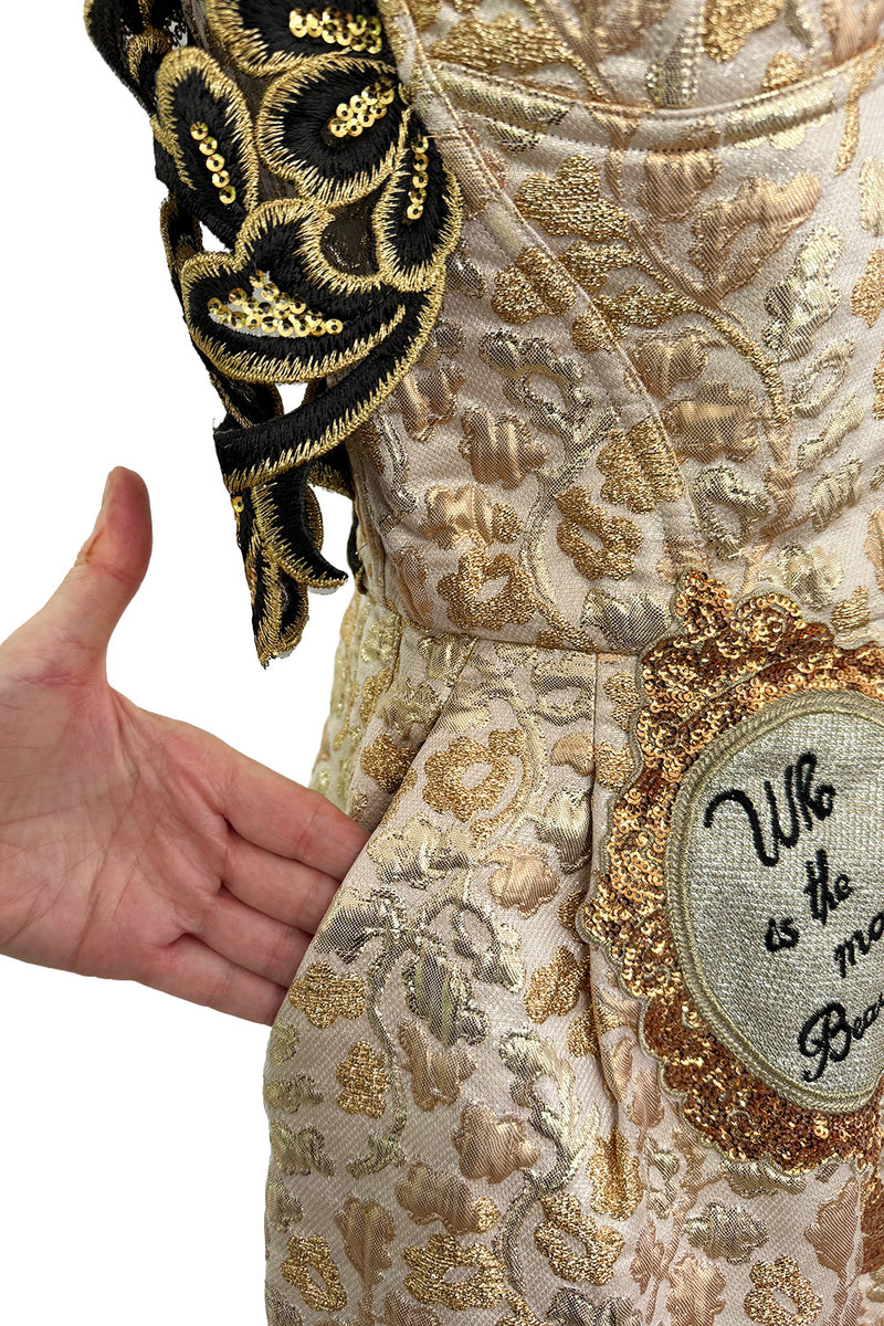 Outstanding Fall 2016 Dolce & Gabbana Metallic Gold Brocade Playsuit w 3D Magic Mirror & Embroidered & Sequin Details