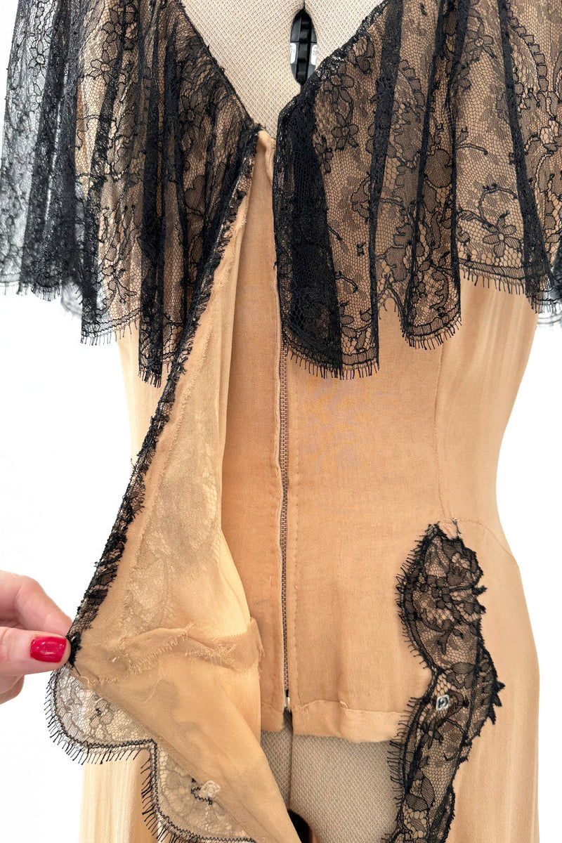 Spectacular Fall 1988 John Anthony Bias Cut Taupe Silk Chiffon Wrap Dress w Hand Made Lace Detailing