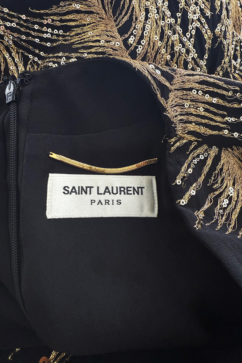 Pre-Fall 2016 Saint Laurent by Hedi Slimane Runway Look 37 Gold Metallic Thread & Sequin Feather Dress