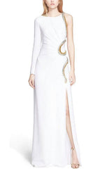 Spring 2016 Roberto Cavalli by Peter Dundas White Jersey Dress w Beaded & Rhinestone Snake Detail