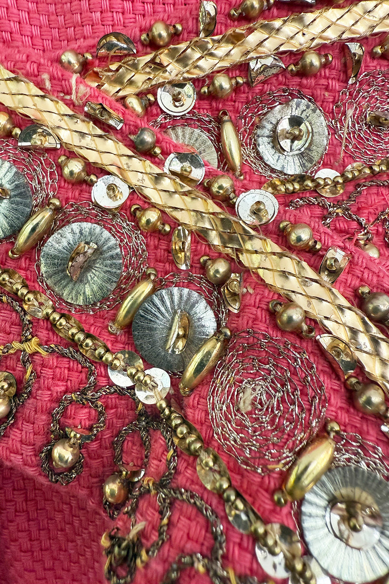1950s Unlabeled Lanvin-Castillo Couture Elaborate Gold Beaded Pink Waffle Weave Top & Skirt