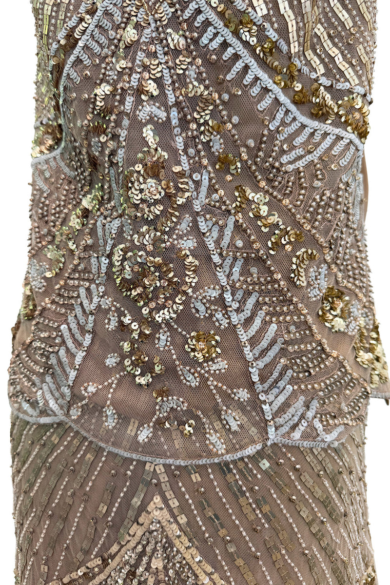 Prettiest 2000s Valentino Roma Metallic Gold Sequin & Bead Silk Chiffon on Netting Top and Skirt Set