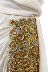 Spring 1990 Hubert de Givenchy Haute Couture Runway Ivory Silk Dress w Gold Metal Detailing