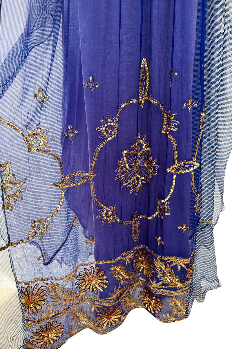 1960s Bloomingdales Label Royal Blue Silk Chiffon & Gold Thread Caftan