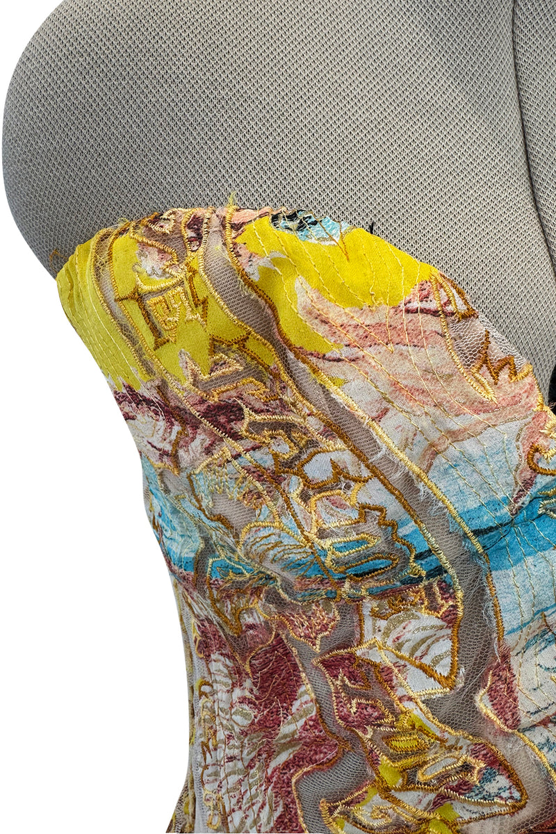 Very Rare Spring 2003 Roberto Cavalli Printed Silk & Net Boned Corset & Red Sequin Mini Skirt Set