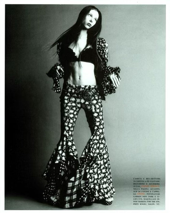 Ultra Rare Spring 1993 Versace by Gianni  Versace Silk Black & White Printed Off Shoulder Bell Bottom Jumpsuit