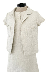 1960s Christian Dior Demi-Couture Textured Ivory Silk A-Line Dress & Matching Crop Jacket