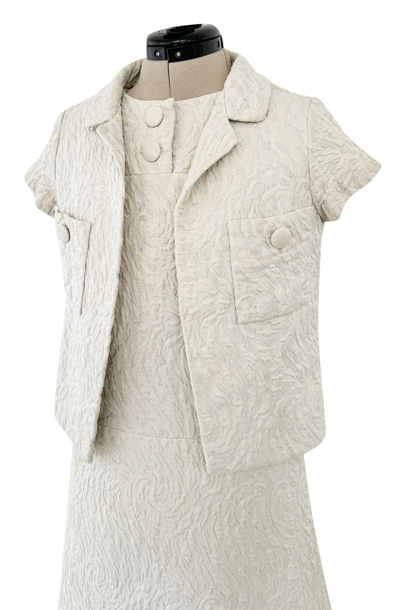 1960s Christian Dior Demi-Couture Textured Ivory Silk A-Line Dress & Matching Crop Jacket