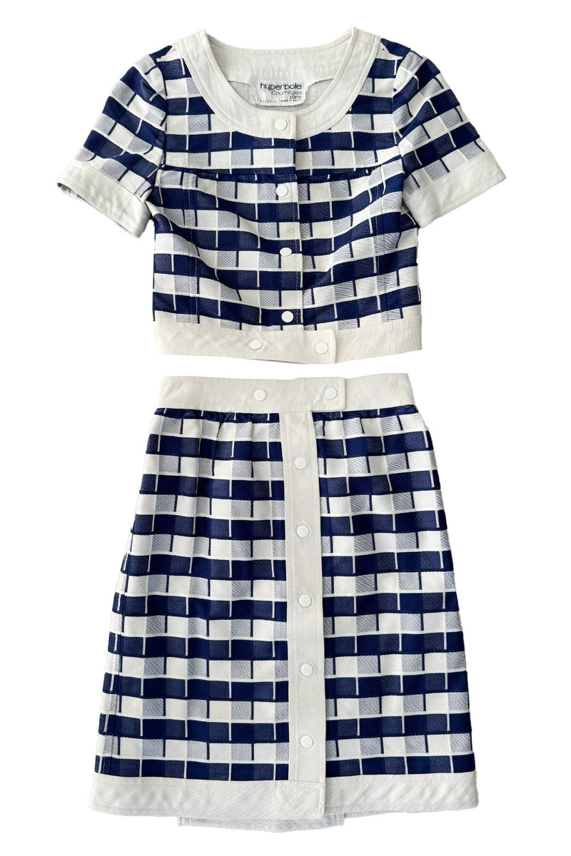 Cutest 1970s Andre Courreges Paris Numbered Hyperbole Blue & White Check Skirt & Jacket Suit Set