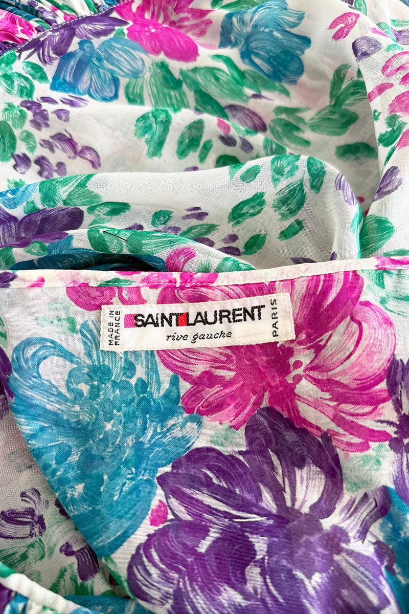 Prettiest Spring 1980 Yves Saint Laurent Floral Cotton Gauze Wide Shoulder Dress w Matching Tie Belt