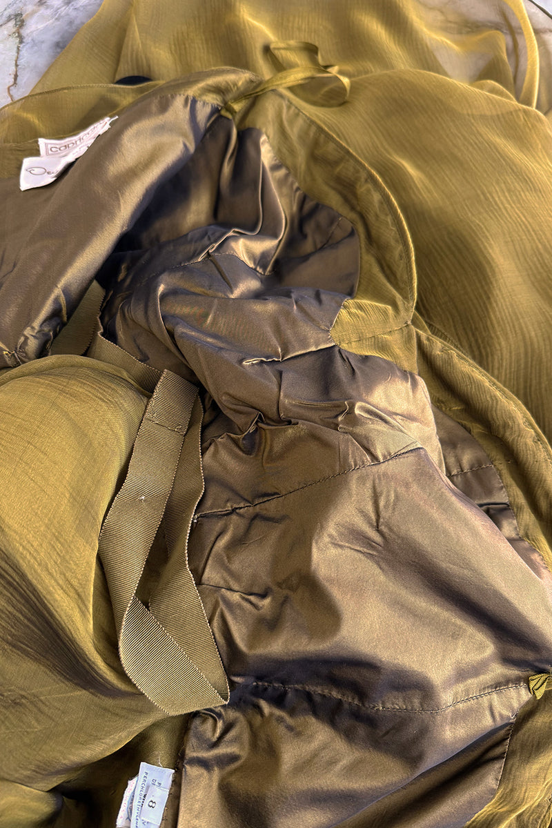 Fall 1989 Oscar de la Renta Iridescent Green Gold Silk Chiffon Strapless Dress w Matching Cape