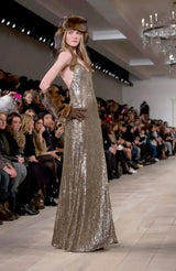 Fall 2015 Ralph Lauren Purple Label Runway Finale Look 43 Bronze Sequin Halter Dress w Open Back