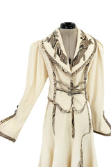 Important 1972 Bill Gibb Couture Debut Collection Lizard Detailed Cream Jacket & Scalloped Edged Skirt