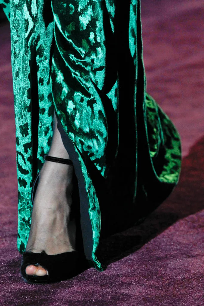 Beautiful Fall 2012 Gucci by Frida Giannini Runway Look 35 Deep Green Velvet Dress w Leopard Pattern