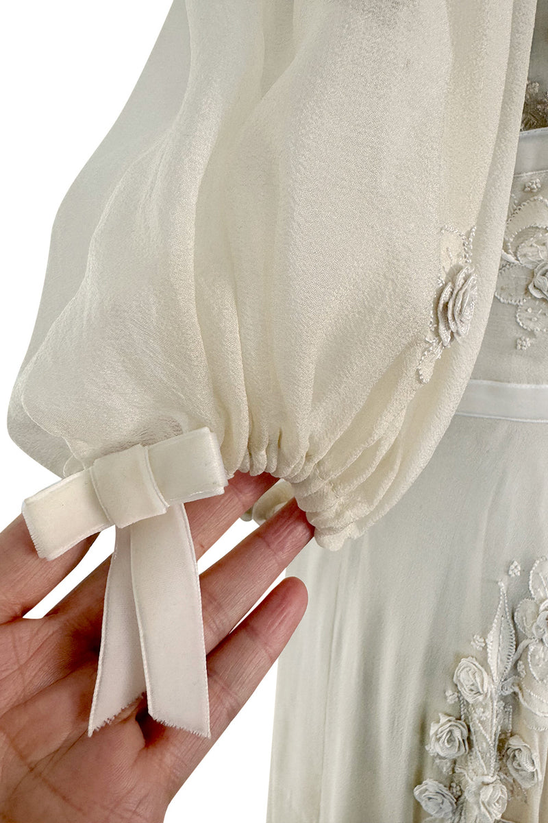 Rare 1969-75 Thea Porter Couture Embroidered Silk Organza & Gold Metallic Dress w Balloon Sleeves