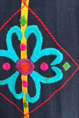 Colourful 1960s Josefa Deep Blue Cotton Caftan Dress w Multi Coloured Ribbns & Hand Embroidery