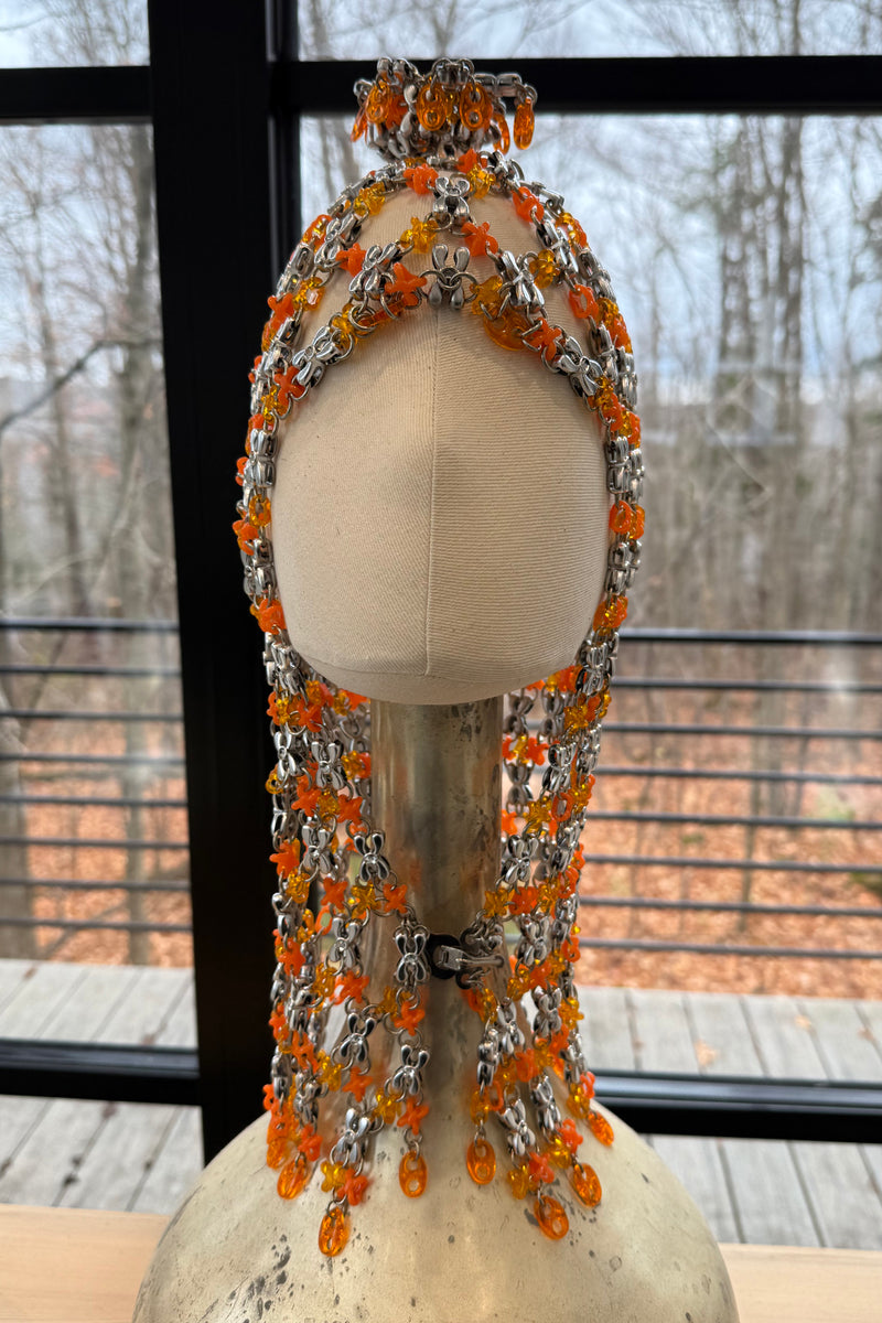 Ultra Rare 1990s Paco Rabanne Haute Couture Metallic Silver & Coral Dress w Chainlink Top & Headpiece