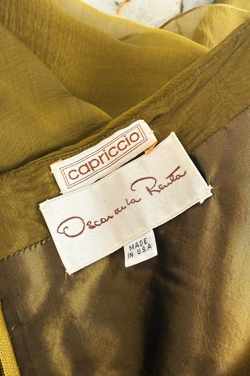 Fall 1989 Oscar de la Renta Iridescent Green Gold Silk Chiffon Strapless Dress w Matching Cape